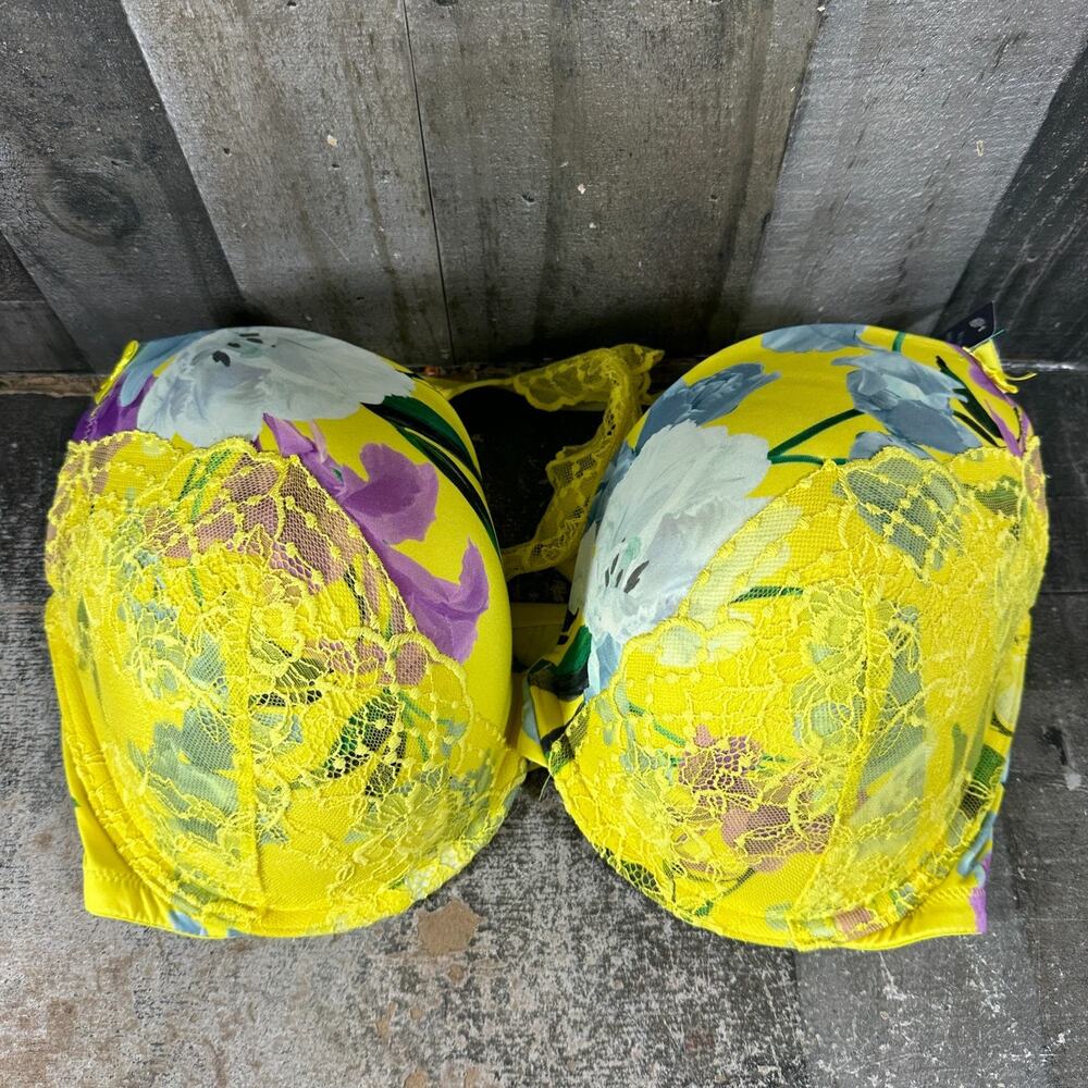 Cacique Boost Plunge‎ Bra 44F Floral Print Multi Color Yellow NWT